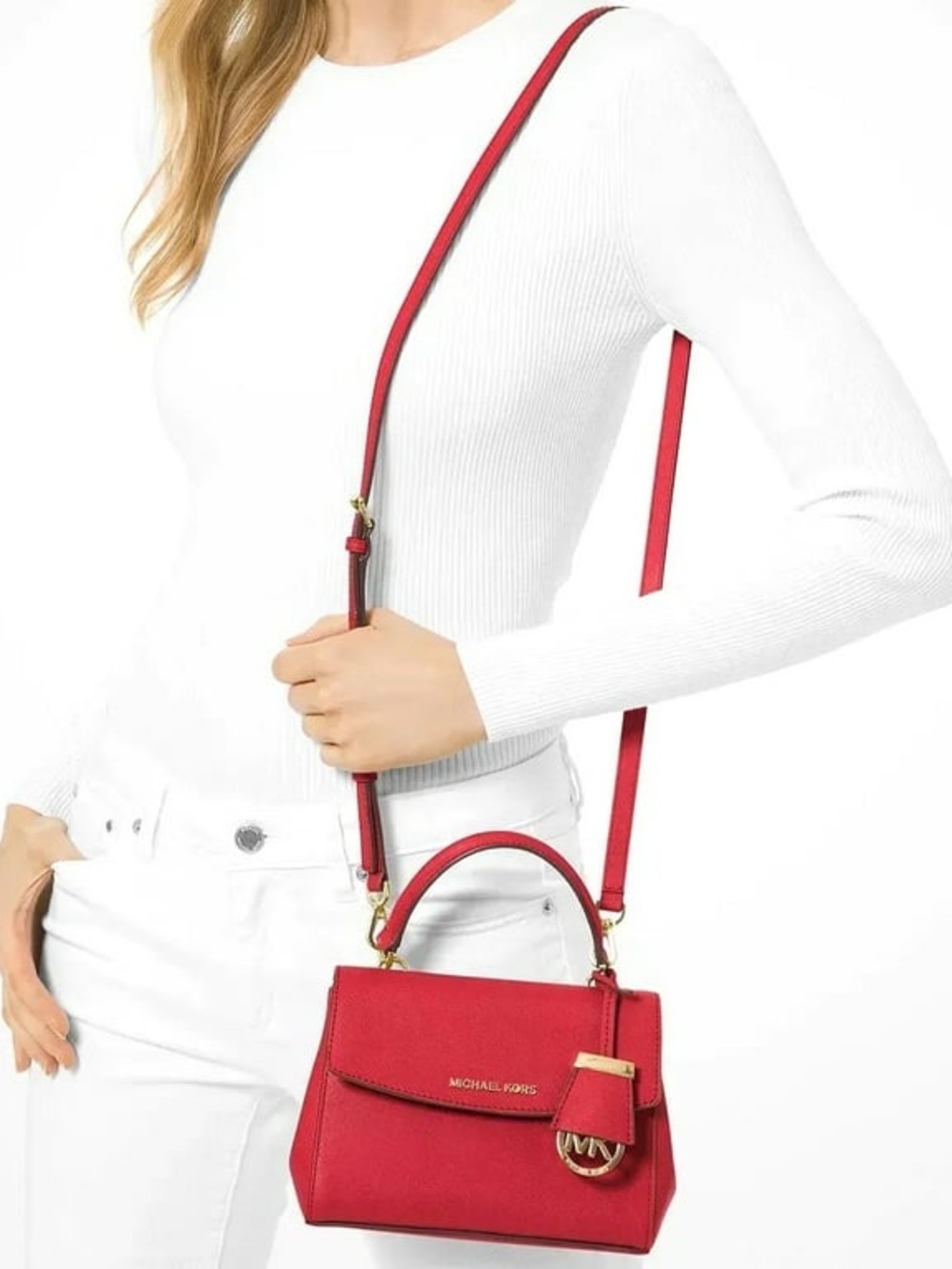 Michael Kors Red Saffiano Leather Mini Satchel with Silver Hardware